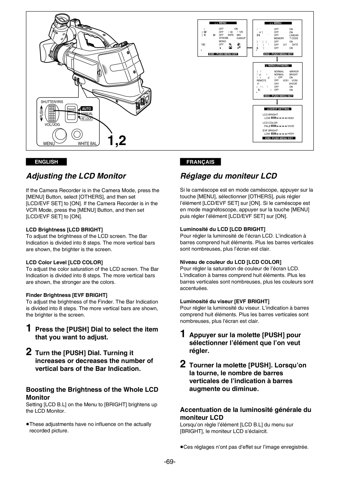 Panasonic AG- DVC 15P manual Adjusting the LCD Monitor, Réglage du moniteur LCD 