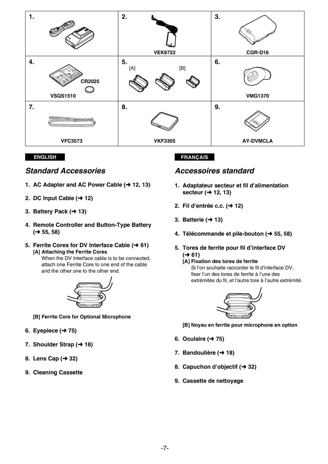 Panasonic AG- DVC 15P manual Standard Accessories, Accessoires standard 