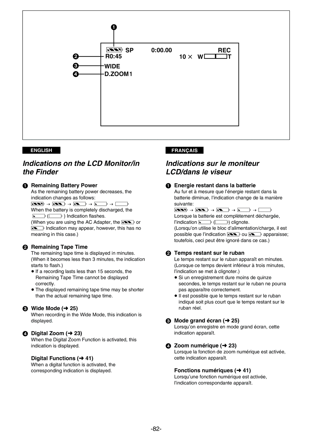 Panasonic AG- DVC 15P Indications on the LCD Monitor/in the Finder, Indications sur le moniteur LCD/dans le viseur, 000.00 