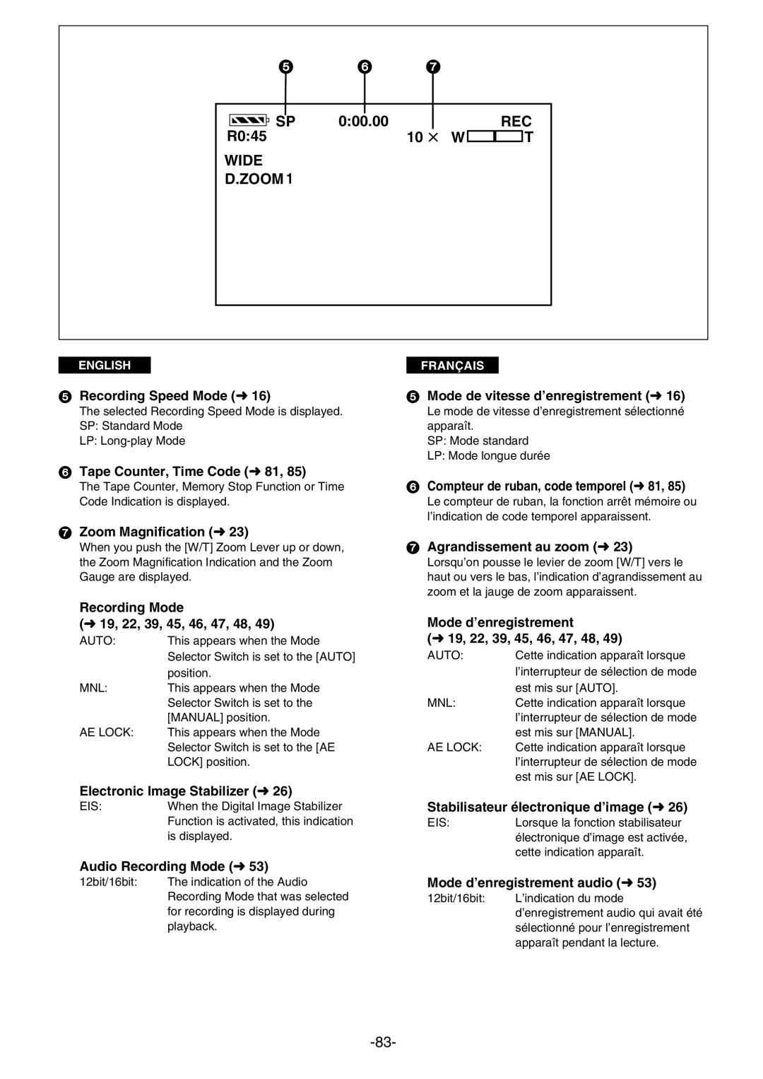 Panasonic AG- DVC 15P manual Recording Speed Mode m16, Tape Counter, Time Code m81, Mode de vitesse d’enregistrement m16 