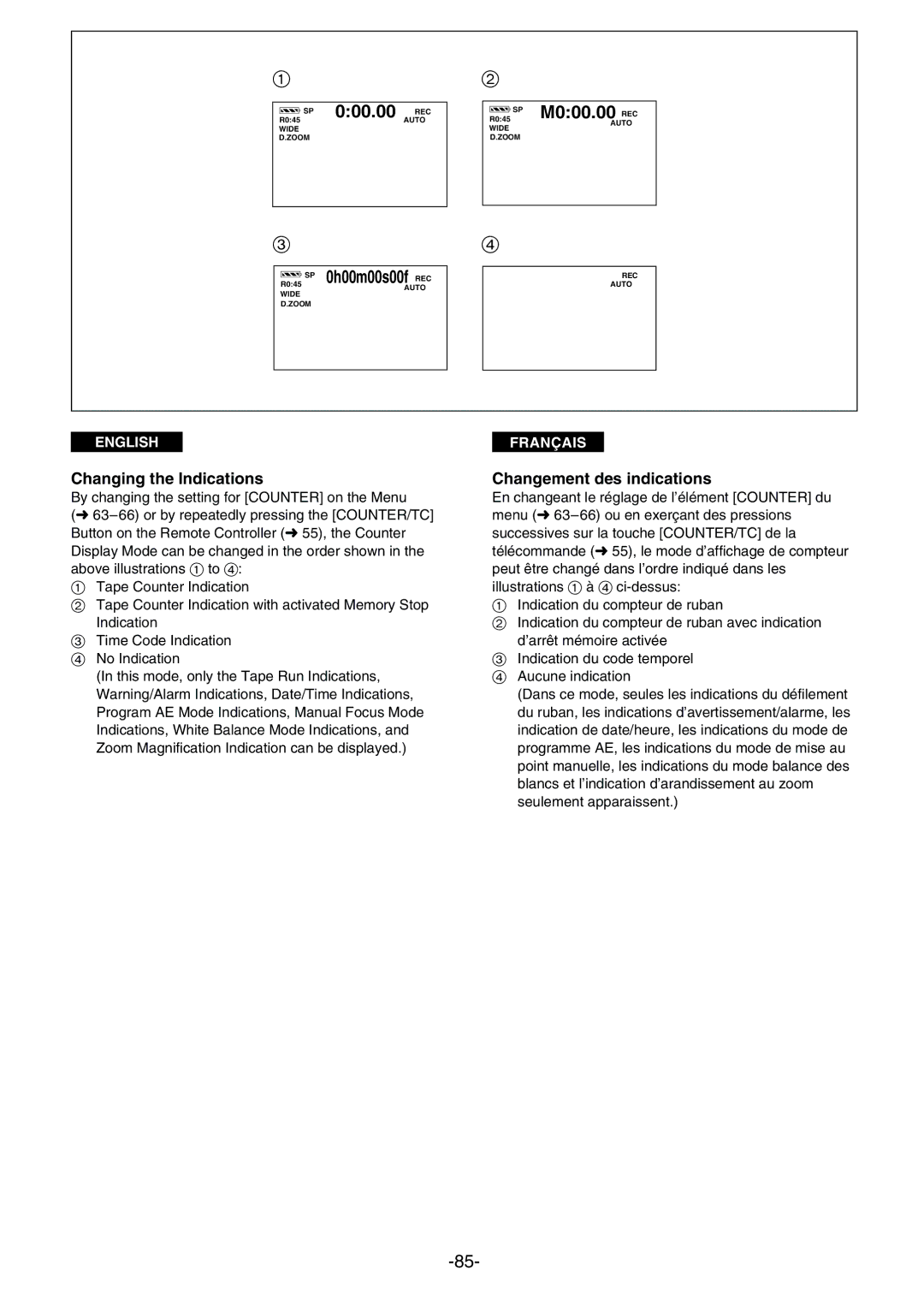 Panasonic AG- DVC 15P manual M000.00 REC, Changing the Indications, Changement des indications, 0h00m00s00f REC 