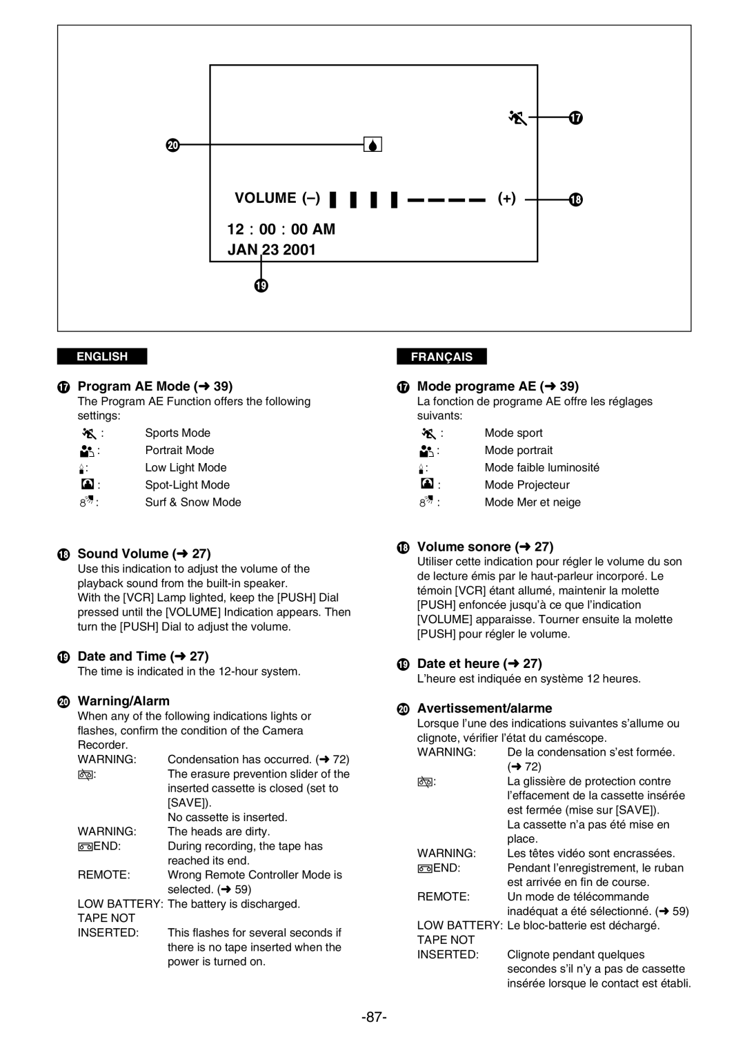 Panasonic AG- DVC 15P Program AE Mode m39, Mode programe AE m39, Sound Volume m27, Date and Time m27, Volume sonore m27 