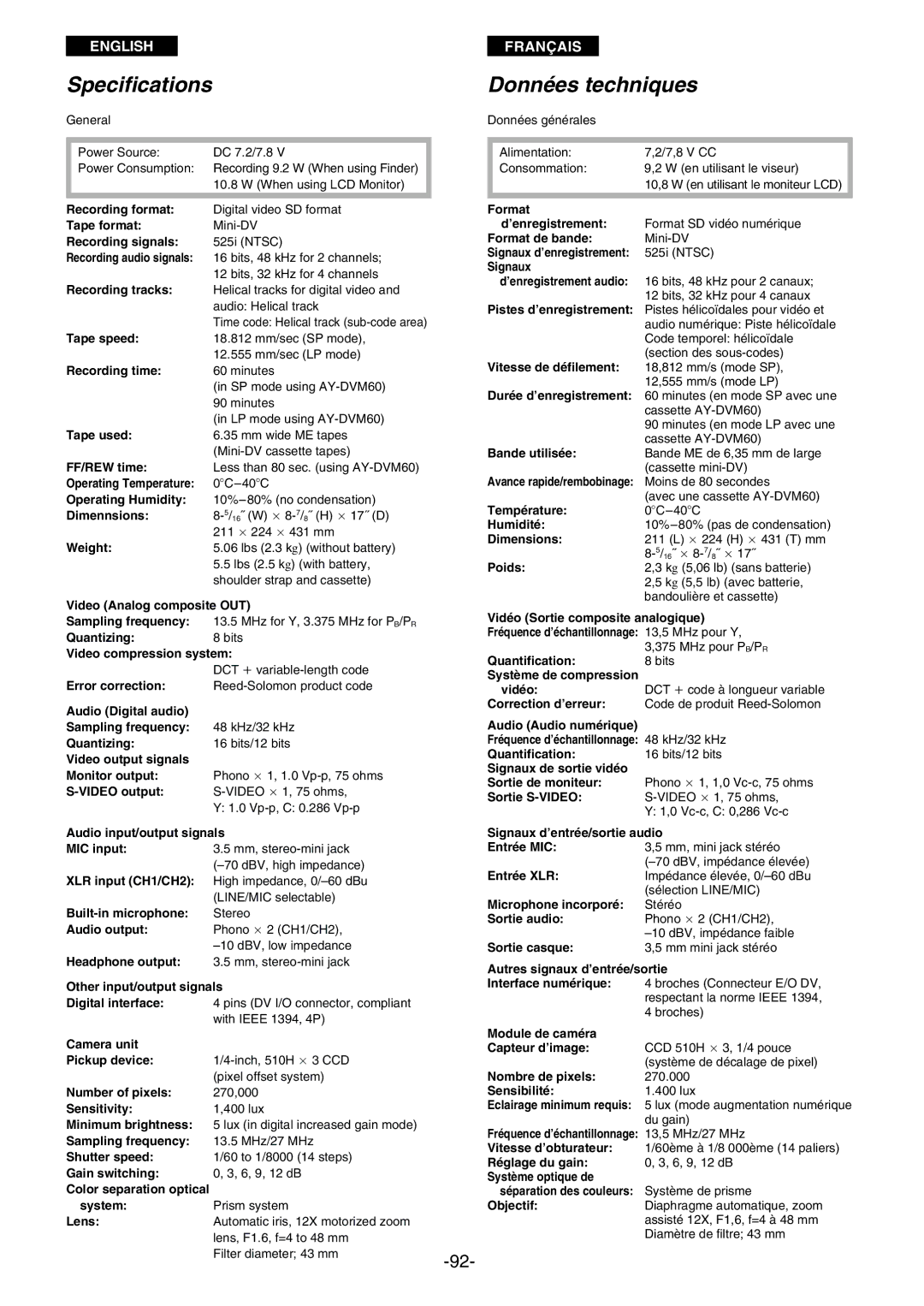 Panasonic AG- DVC 15P manual Specifications Données techniques 