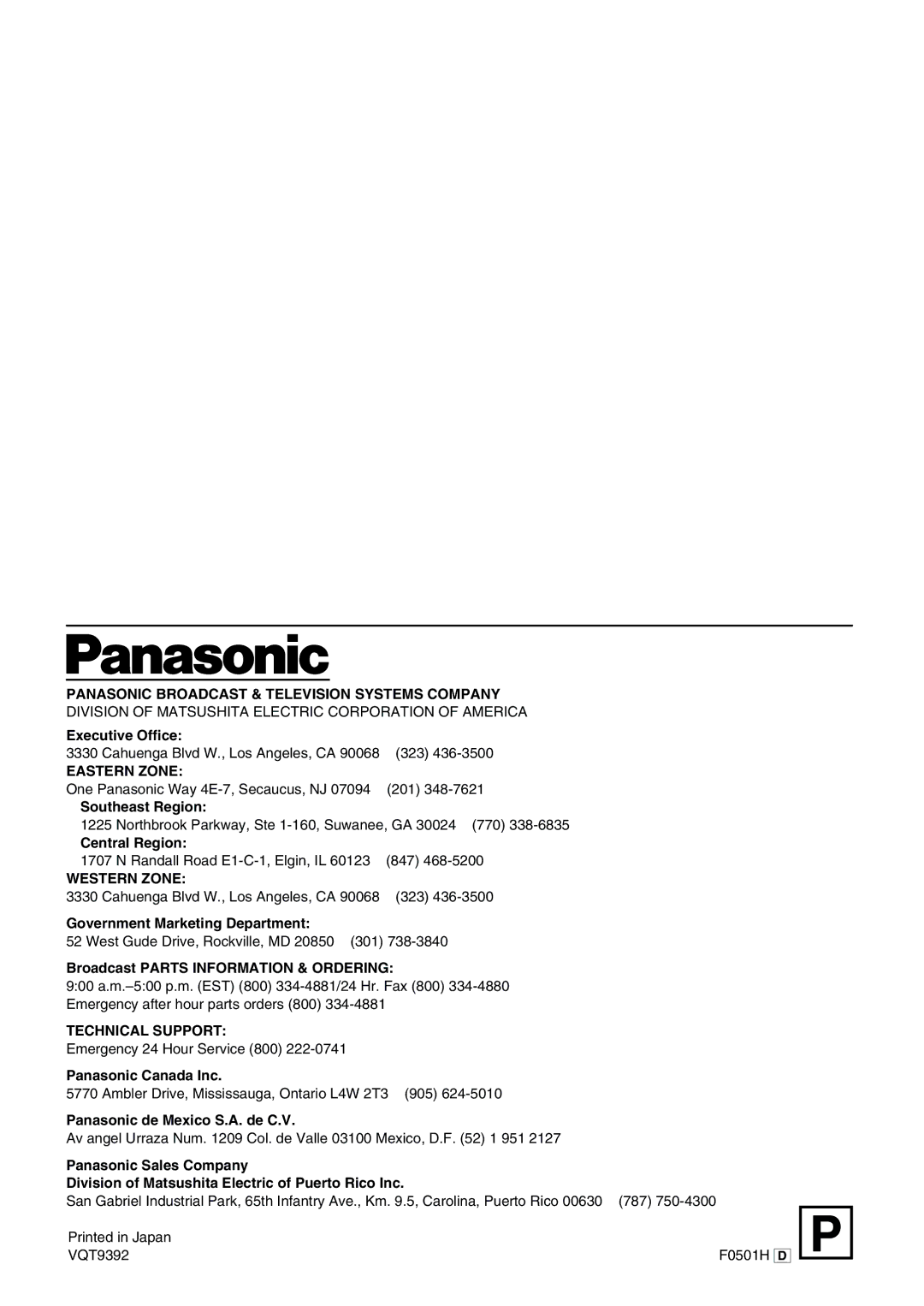 Panasonic AG- DVC 15P manual Executive Office, Southeast Region, Central Region, Government Marketing Department 