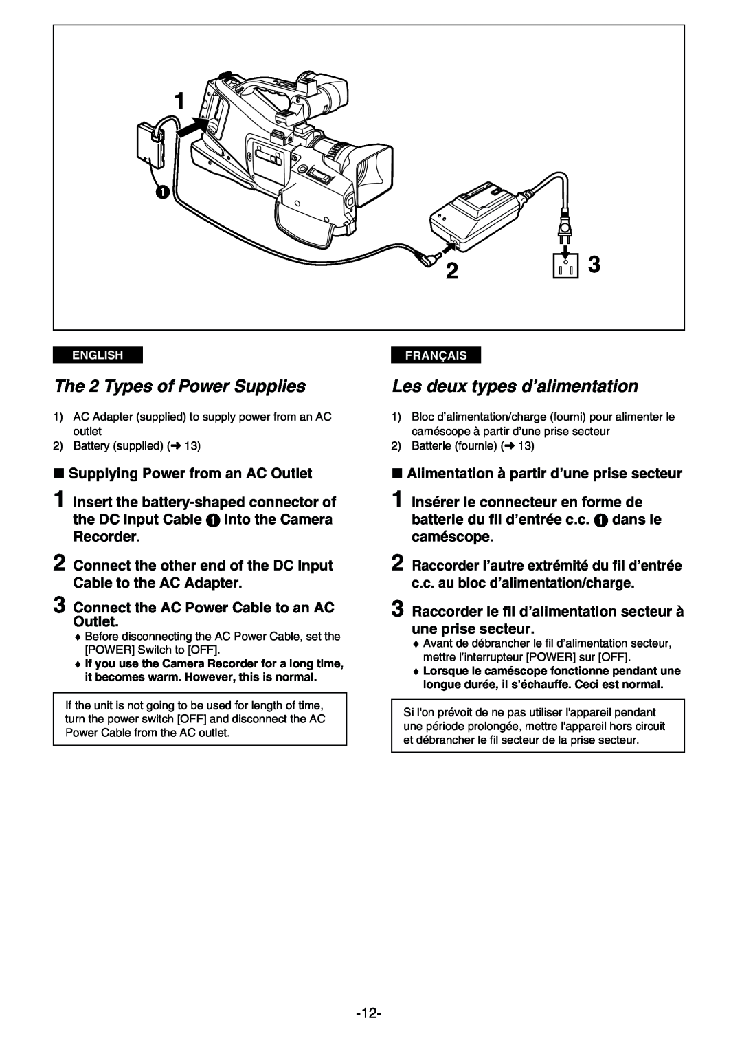Panasonic AG- DVC 15P The 2 Types of Power Supplies, Les deux types d’alimentation, » Supplying Power from an AC Outlet 