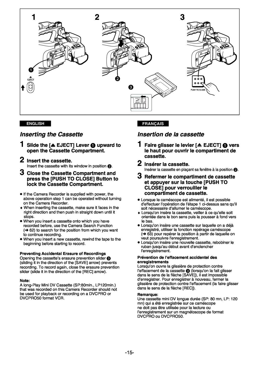 Panasonic AG- DVC 15P manual Inserting the Cassette, Insertion de la cassette, Insert the cassette, 2 Insérer la cassette 