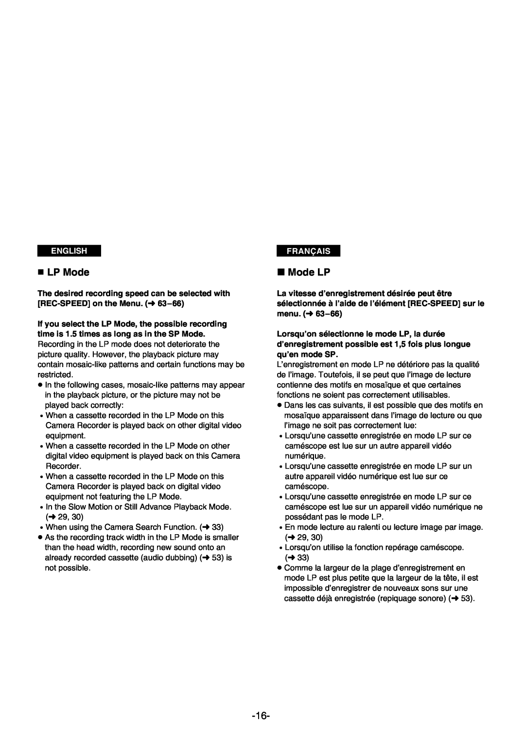 Panasonic AG- DVC 15P manual « LP Mode, » Mode LP, English, Français 