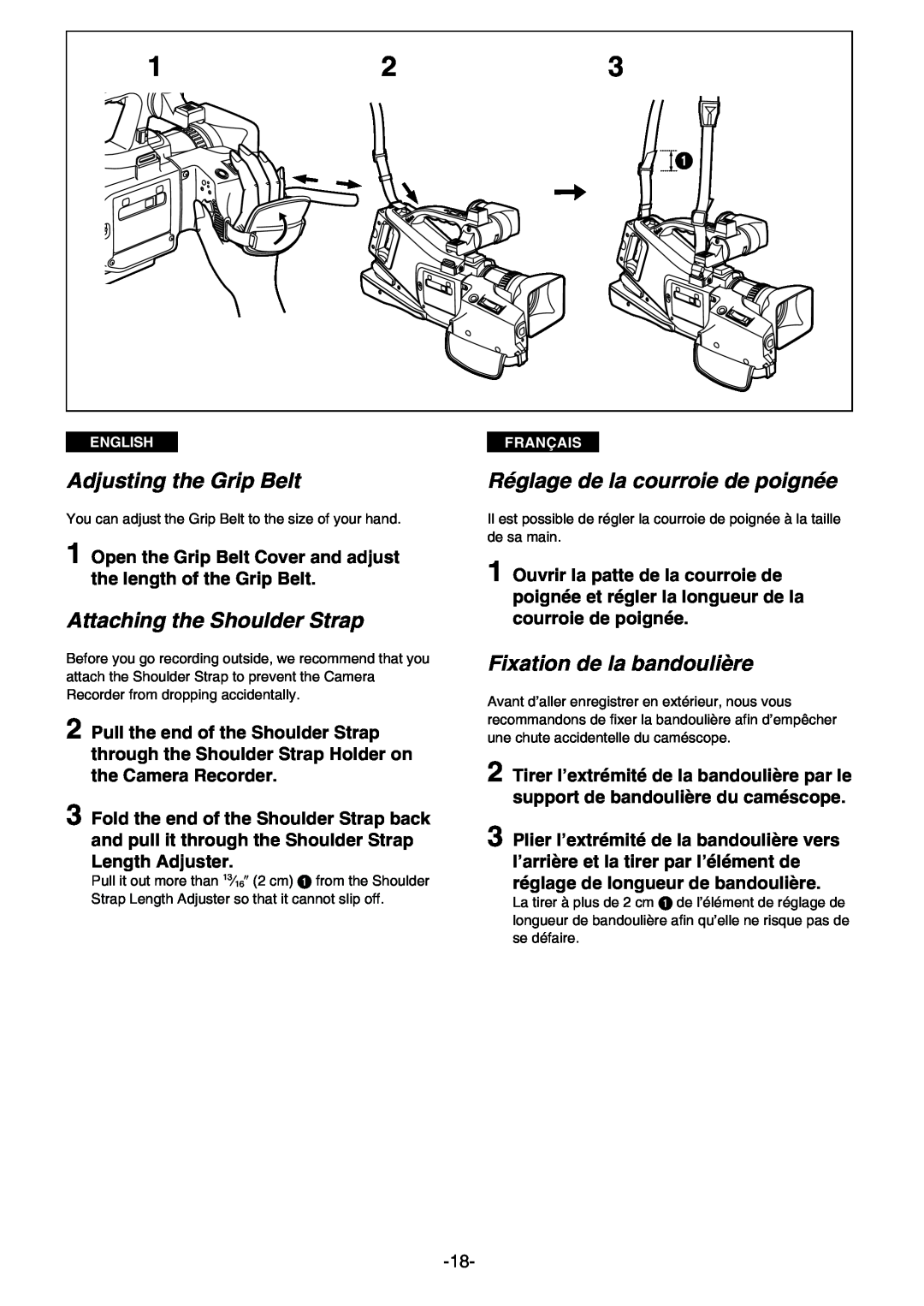 Panasonic AG- DVC 15P manual Adjusting the Grip Belt, Attaching the Shoulder Strap, Réglage de la courroie de poignée 