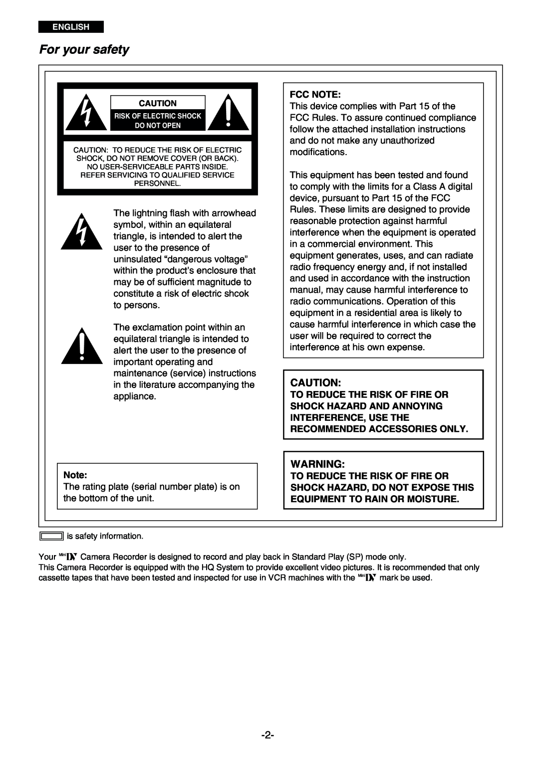 Panasonic AG- DVC 15P manual For your safety, Fcc Note 