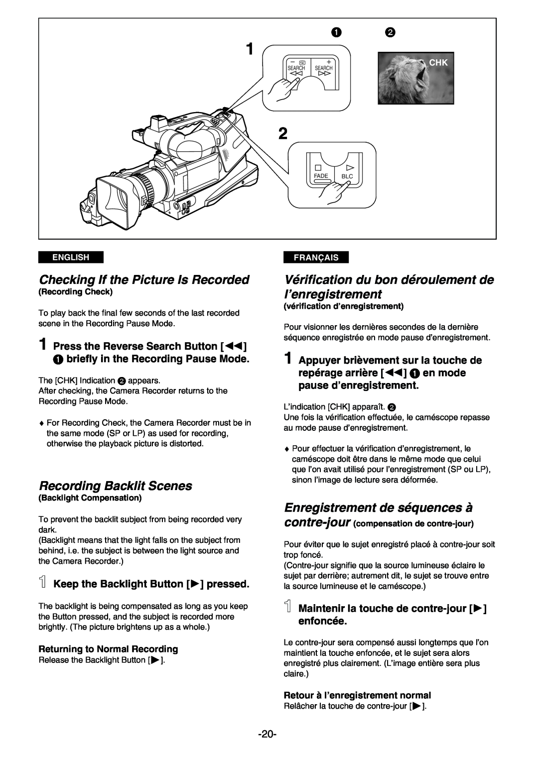 Panasonic AG- DVC 15P manual Checking If the Picture Is Recorded, Recording Backlit Scenes, Enregistrement de séquences à 