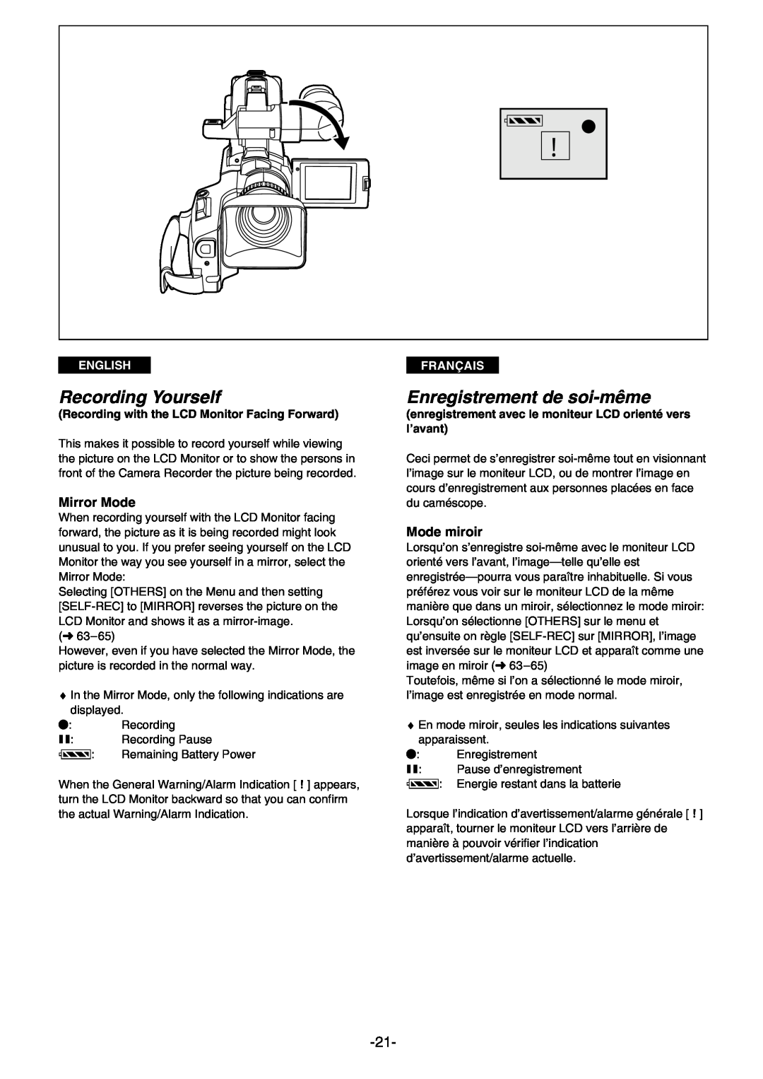 Panasonic AG- DVC 15P manual Recording Yourself, Enregistrement de soi-même, Mirror Mode, Mode miroir, English, Français 