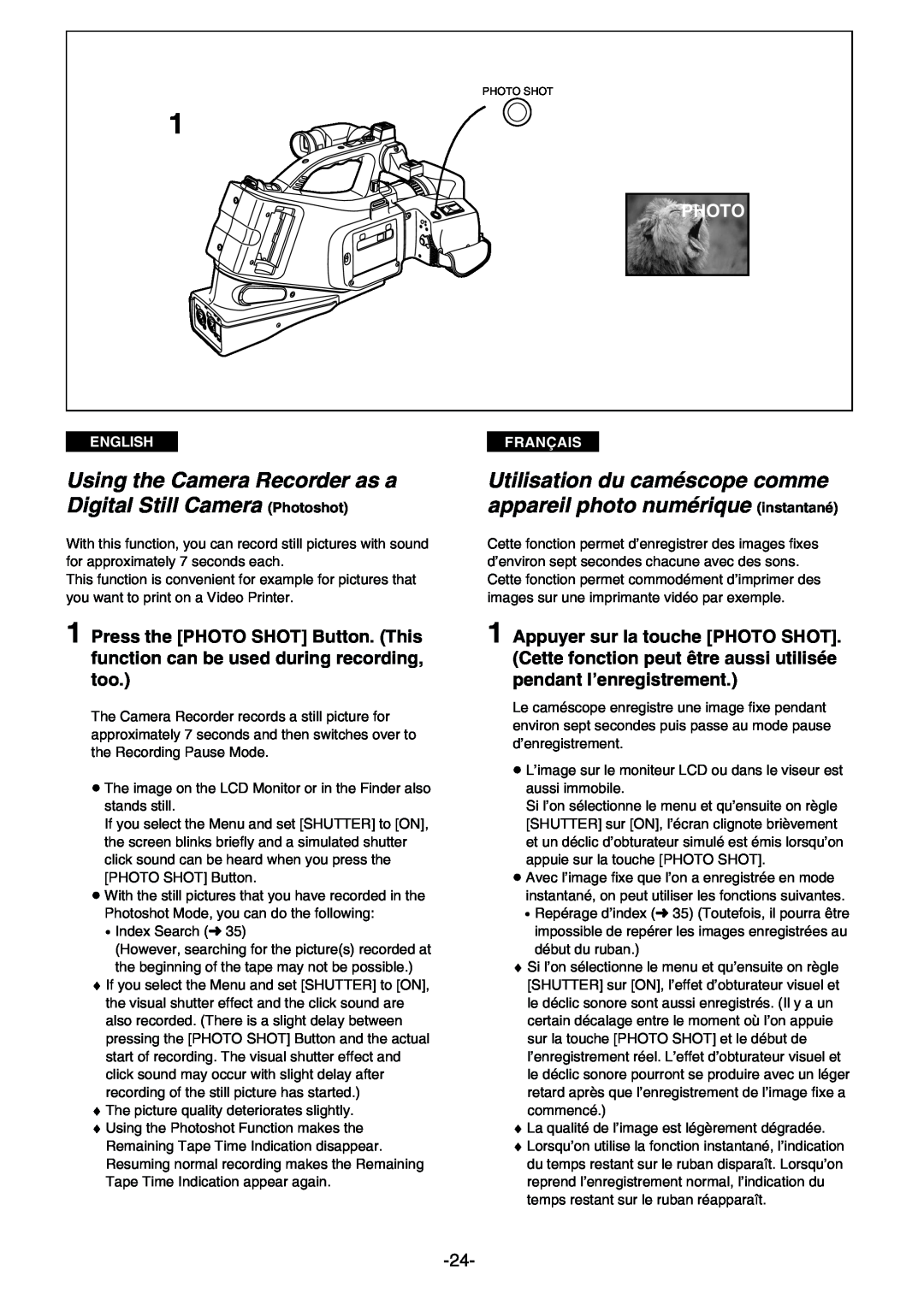 Panasonic AG- DVC 15P manual Using the Camera Recorder as a Digital Still Camera Photoshot 