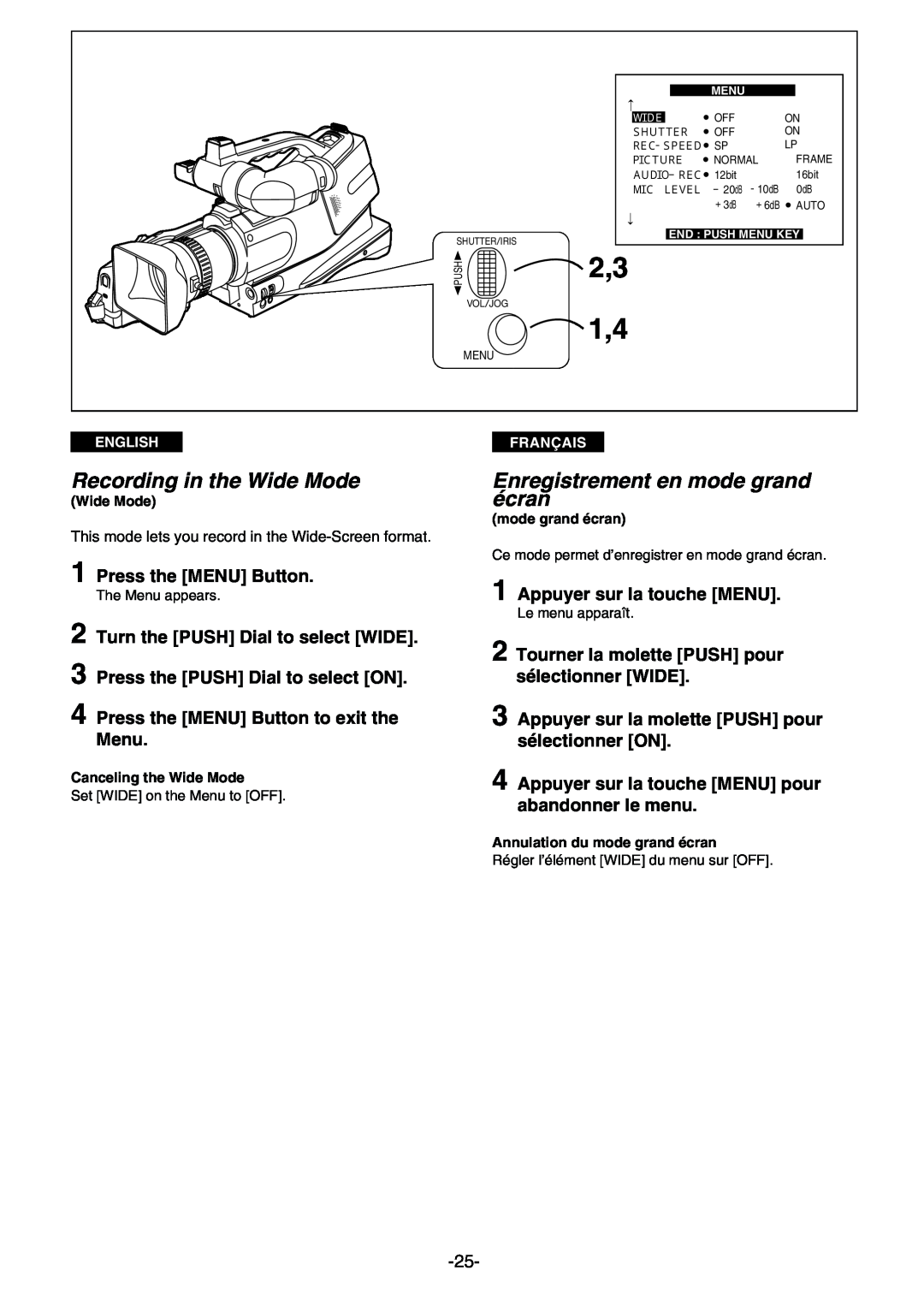 Panasonic AG- DVC 15P manual Enregistrement en mode grand écran, Appuyer sur la touche MENU, 2,3 1,4, Français, Menu, Ｗｉｄｅ 