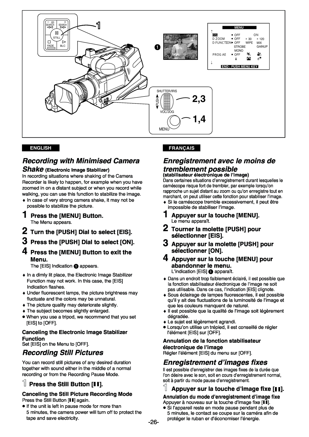 Panasonic AG- DVC 15P manual Recording with Minimised Camera, Enregistrement avec le moins de tremblement possible, Menu 
