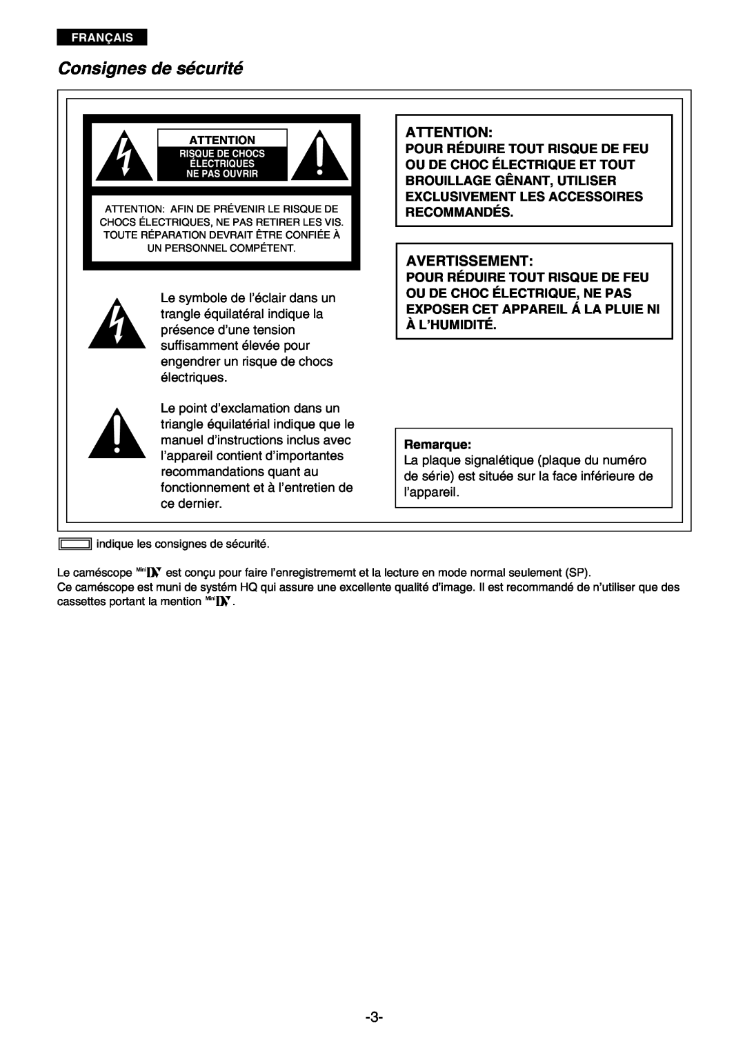 Panasonic AG- DVC 15P manual Consignes de sécurité, Avertissement, Remarque 