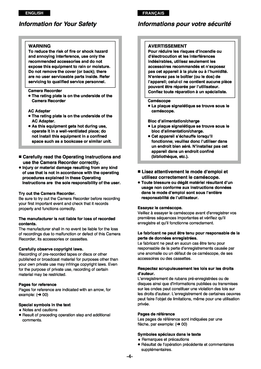 Panasonic AG- DVC 15P Information for Your Safety, Informations pour votre sécurité, Avertissement, English, Français 