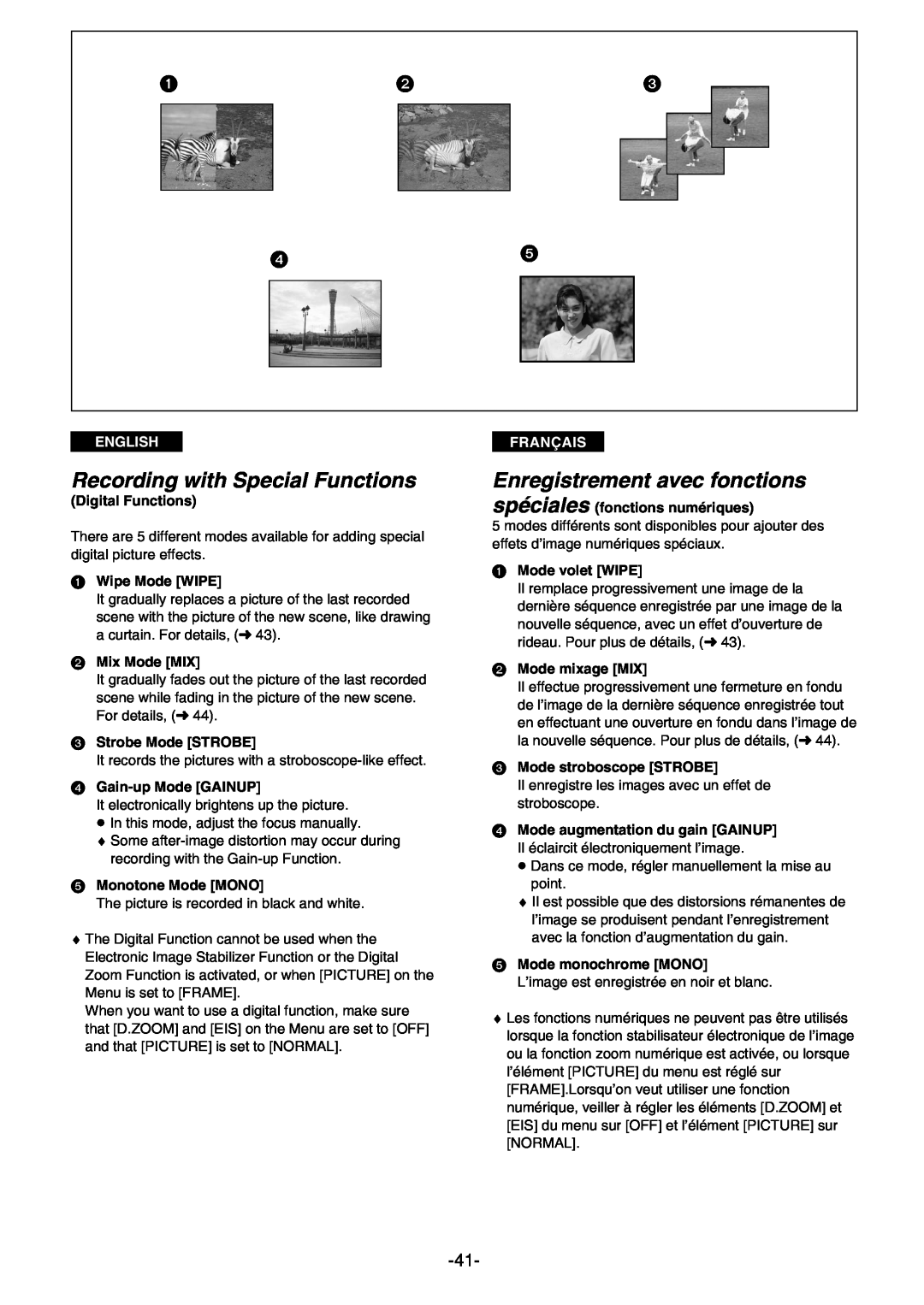Panasonic AG- DVC 15P manual Recording with Special Functions, Enregistrement avec fonctions, English, Digital Functions 