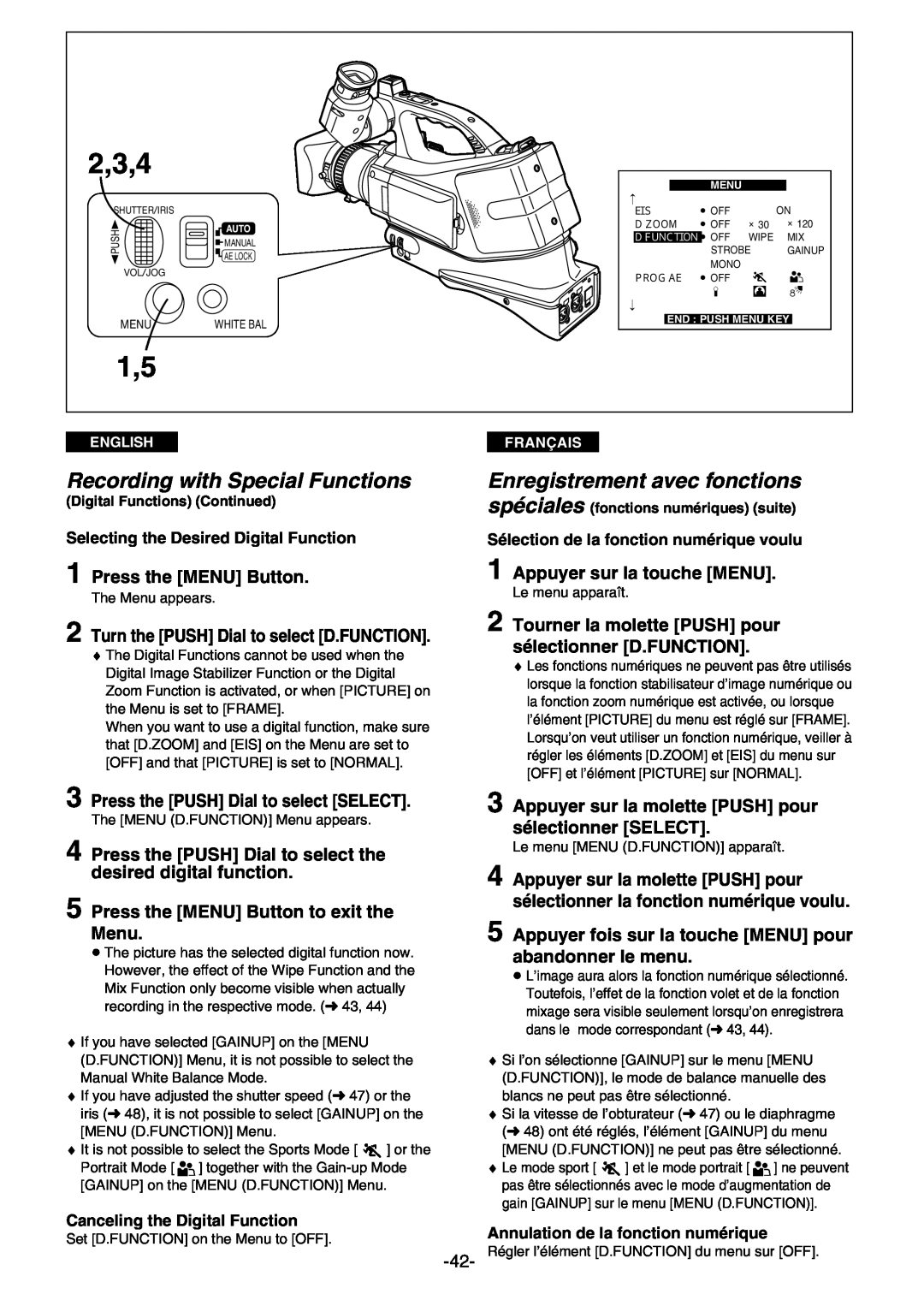 Panasonic AG- DVC 15P 2,3,4, Press the MENU Button, Turn the PUSH Dial to select D.FUNCTION, Enregistrement avec fonctions 