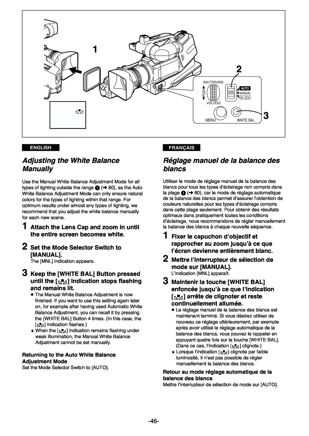 Panasonic AG- DVC 15P manual Adjusting the White Balance Manually, Réglage manuel de la balance des blancs, and remains lit 
