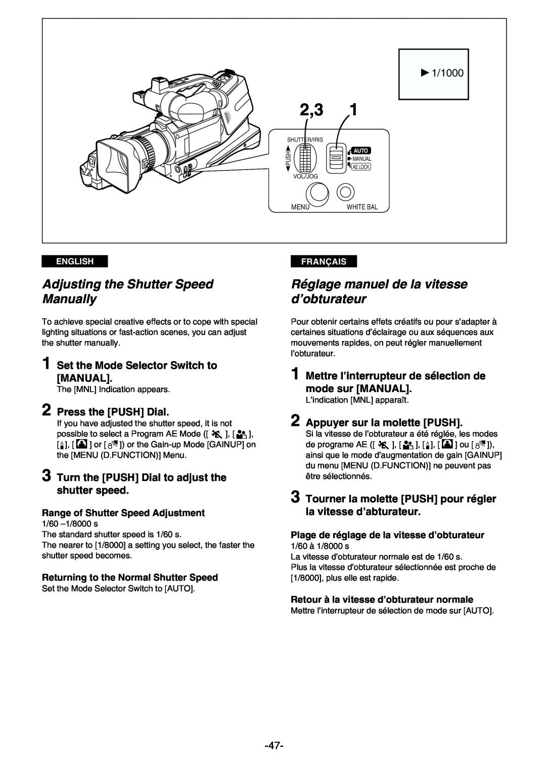Panasonic AG- DVC 15P Adjusting the Shutter Speed Manually, Réglage manuel de la vitesse d’obturateur, 11/1000, English 