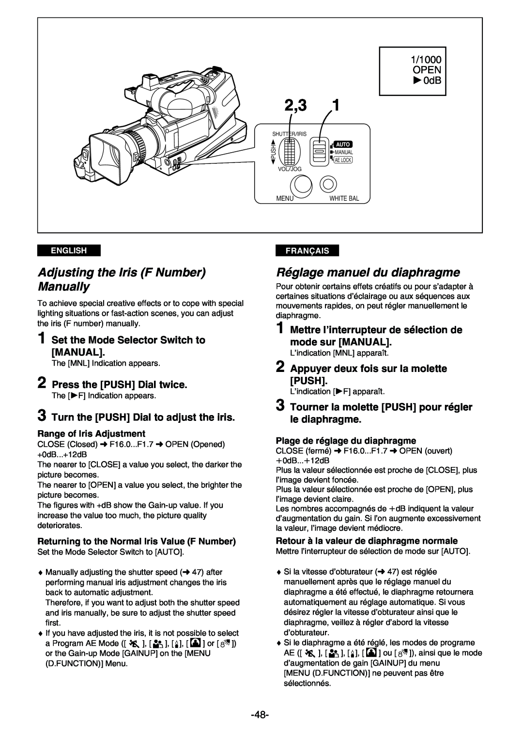 Panasonic AG- DVC 15P Adjusting the Iris F Number Manually, Réglage manuel du diaphragme, 1/1000, Open, 10dB, English 