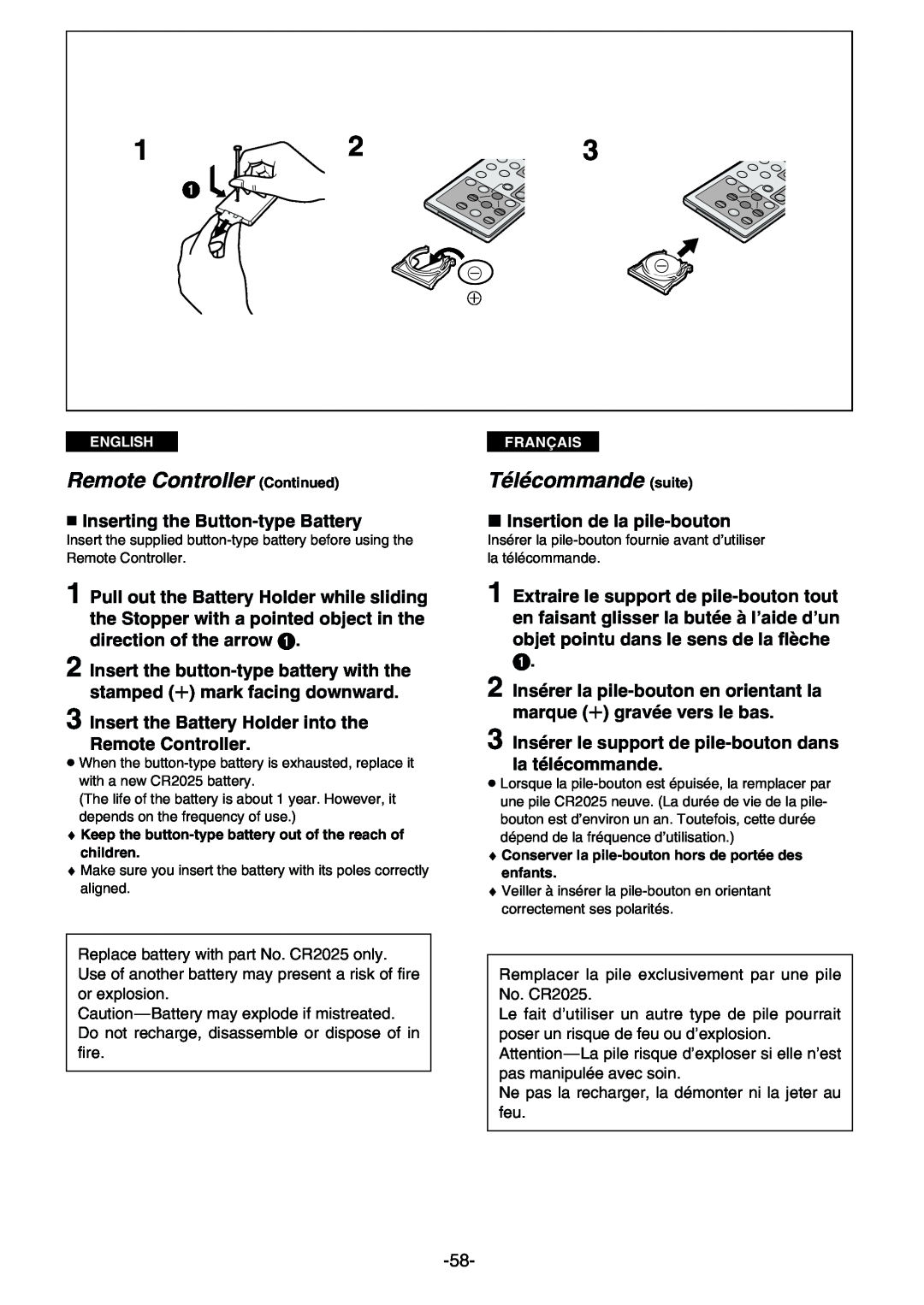 Panasonic AG- DVC 15P manual Remote Controller Continued, Télécommande suite, « Inserting the Button-type Battery 