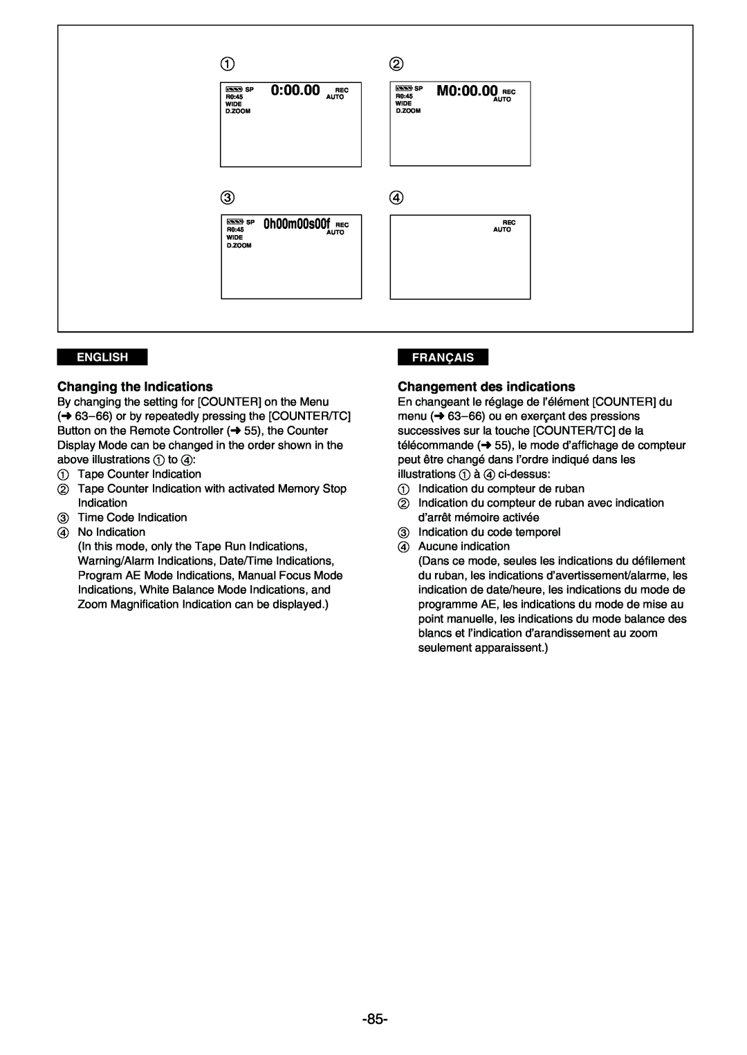 Panasonic AG- DVC 15P manual M000.00 REC, Changing the Indications, Changement des indications, 0h00m00s00f REC, English 
