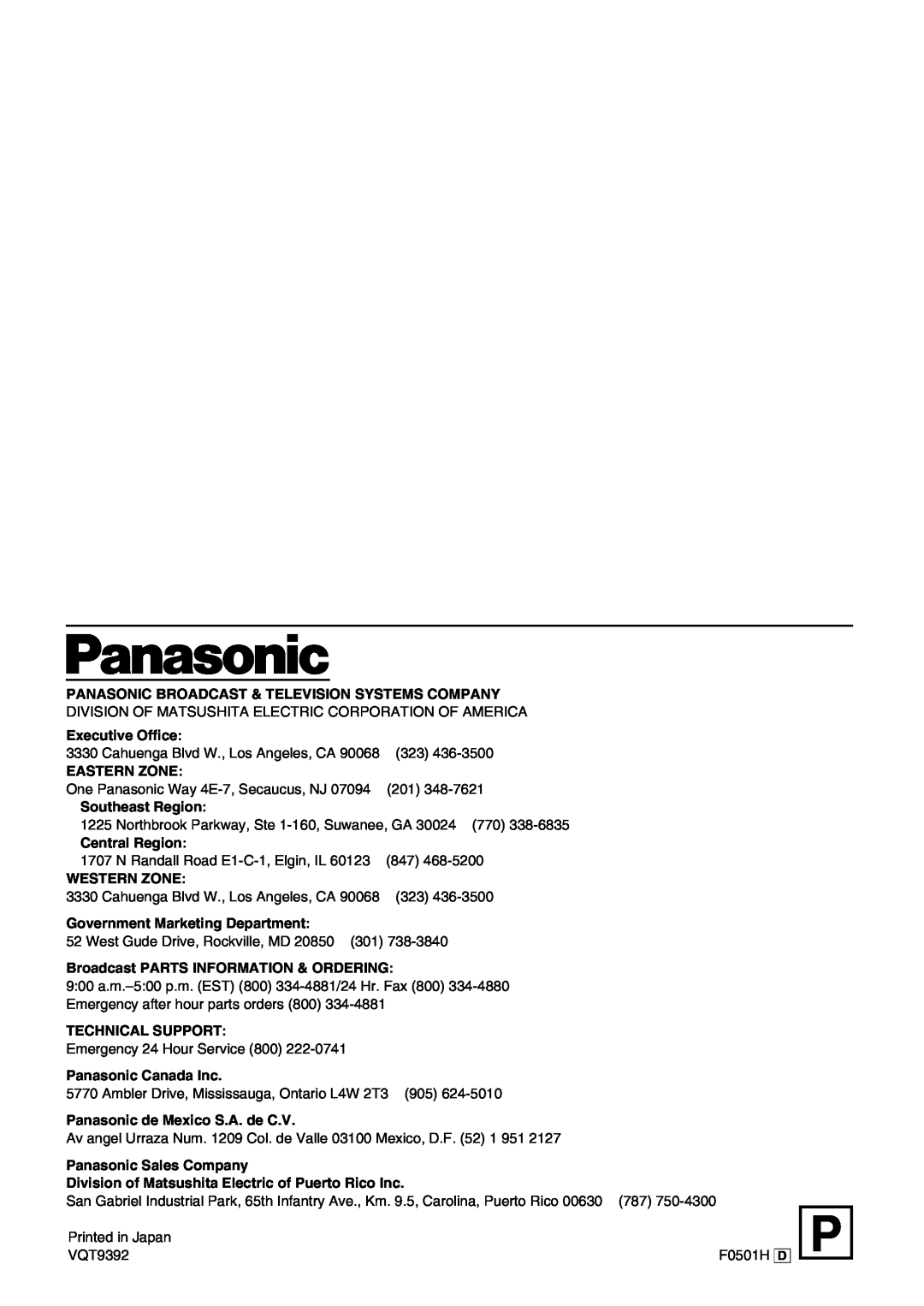 Panasonic AG- DVC 15P Panasonic Broadcast & Television Systems Company, Executive Office, Eastern Zone, Southeast Region 