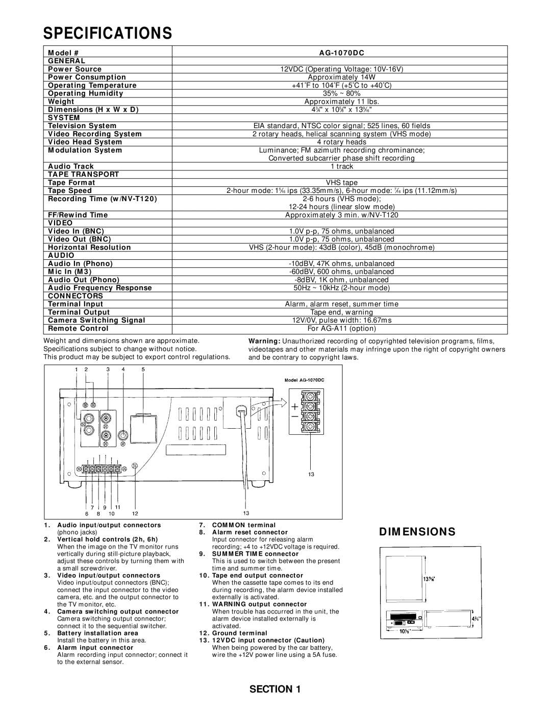 Panasonic AG-1070DC specifications Specifications 