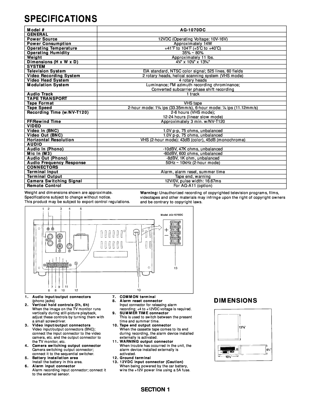 Panasonic AG-1070DC specifications Specifications, Dimensions, Section 