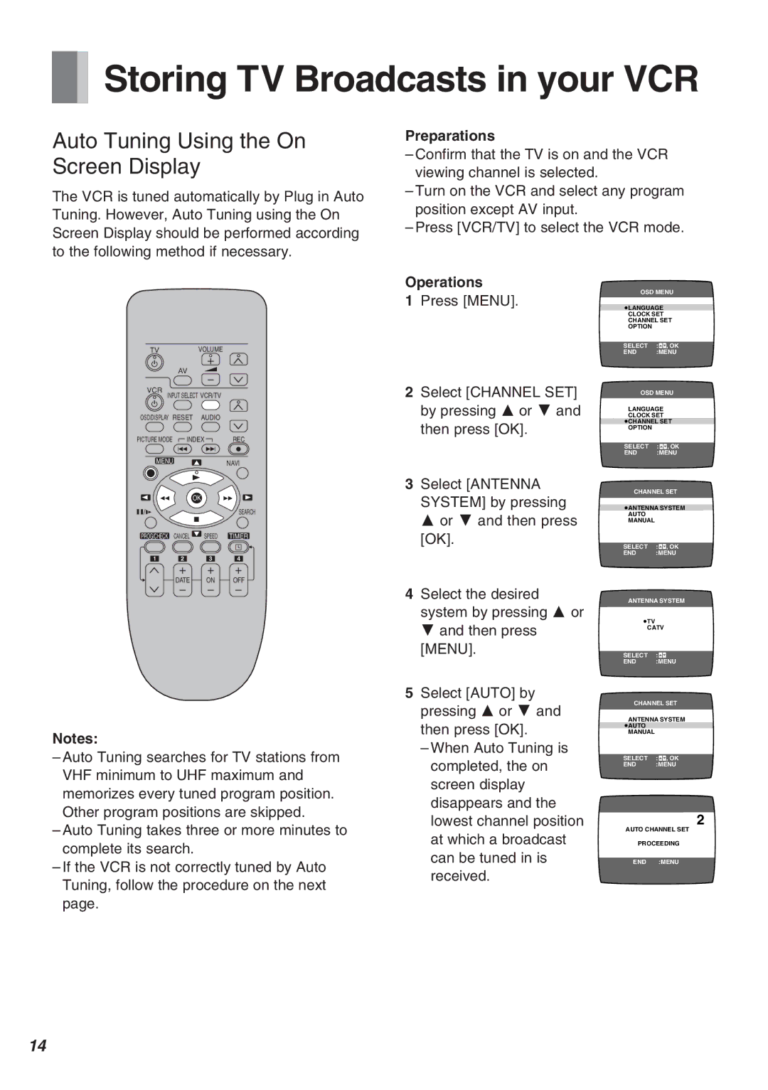 Panasonic AG-2570 Storing TV Broadcasts in your VCR, Preparations, Operations Press Menu, Select Channel SET 