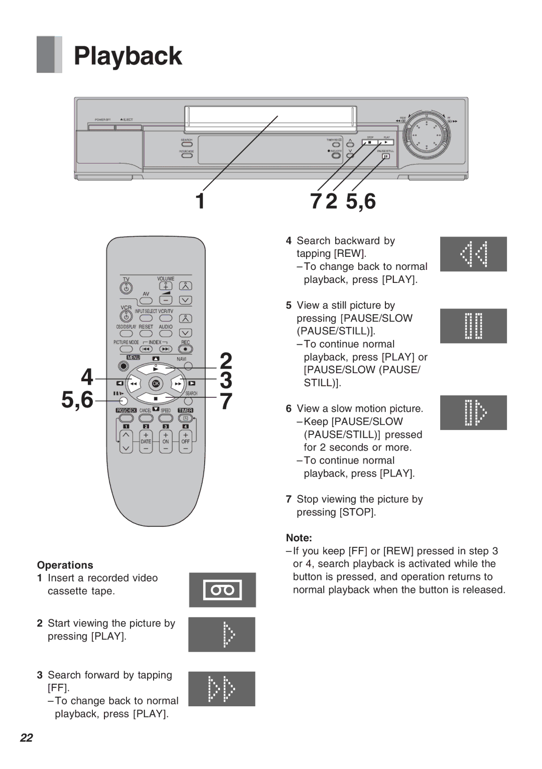 Panasonic AG-2570 Playback, View a still picture by, Insert a recorded video Cassette tape, View a slow motion picture 