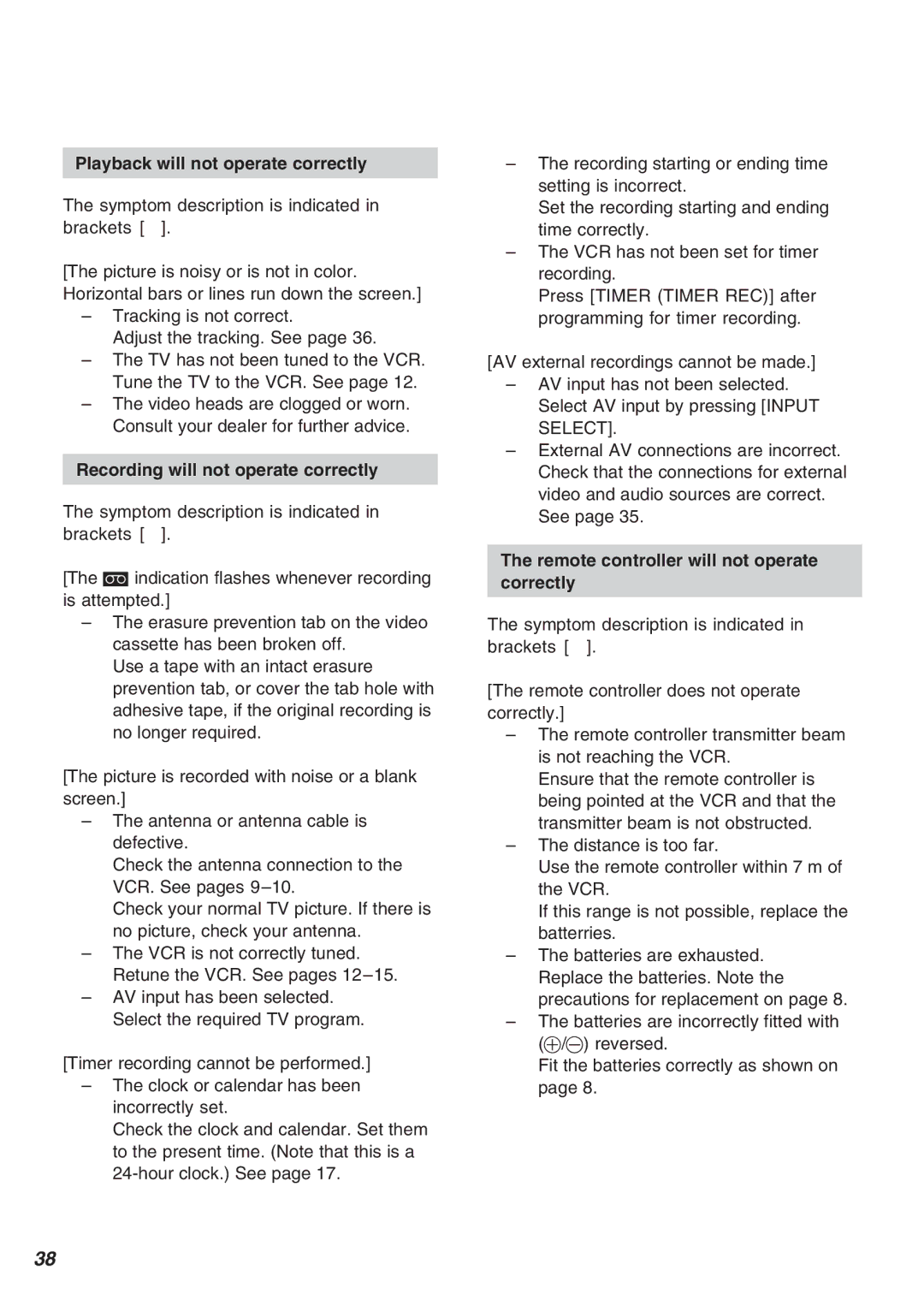 Panasonic AG-2570 operating instructions Playback will not operate correctly, Symptom description is indicated in brackets 