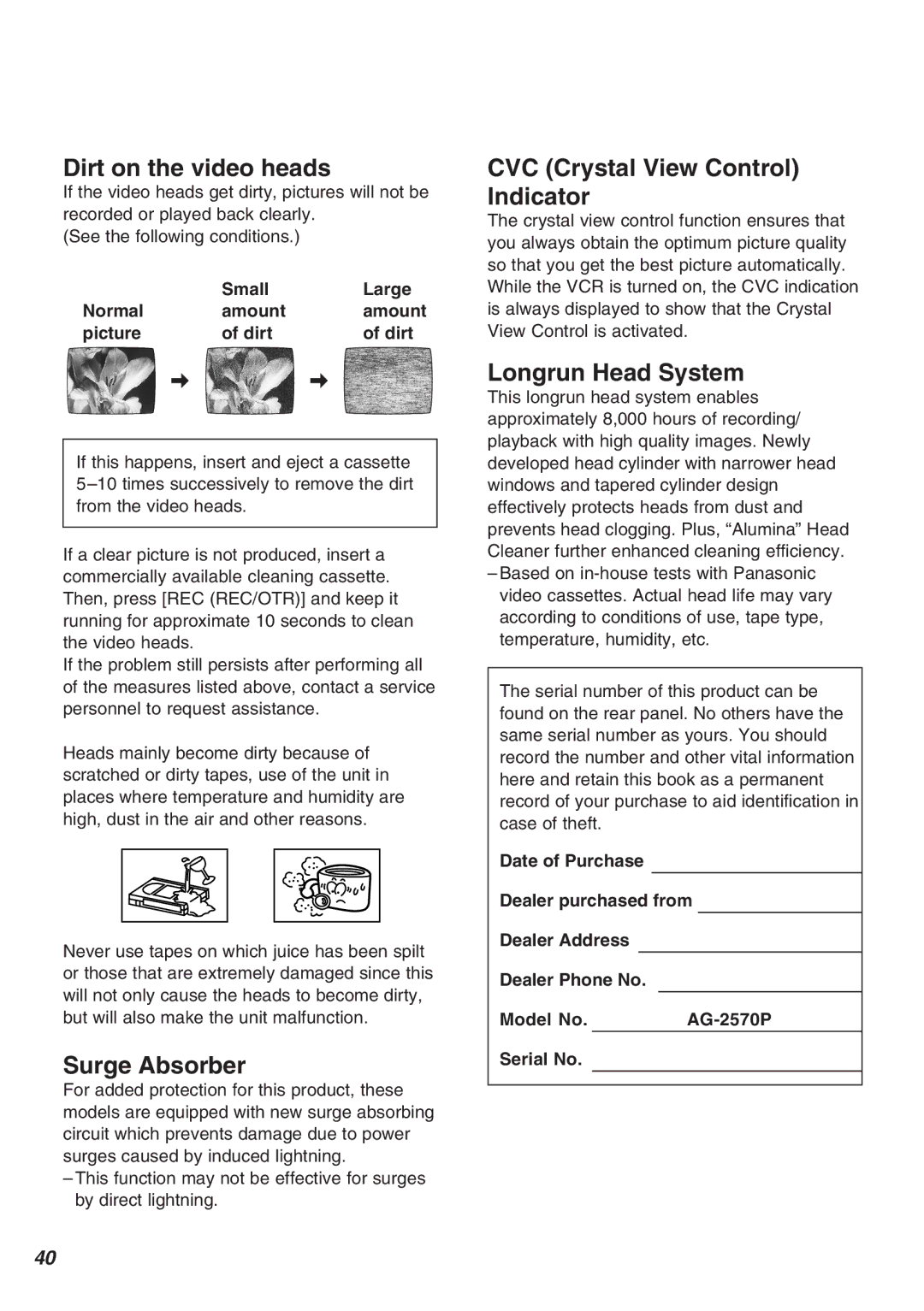 Panasonic AG-2570 Dirt on the video heads, Surge Absorber, CVC Crystal View Control Indicator, Longrun Head System 