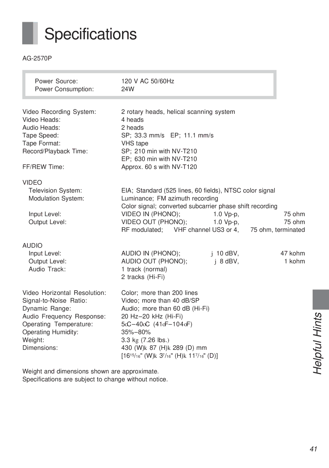 Panasonic AG-2570 operating instructions Specifications 