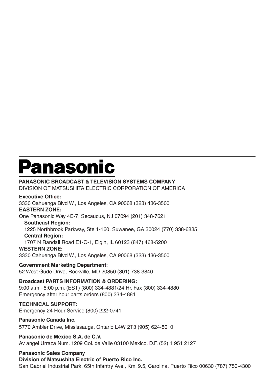 Panasonic AG-2570 Executive Office, Southeast Region, Central Region, Government Marketing Department 