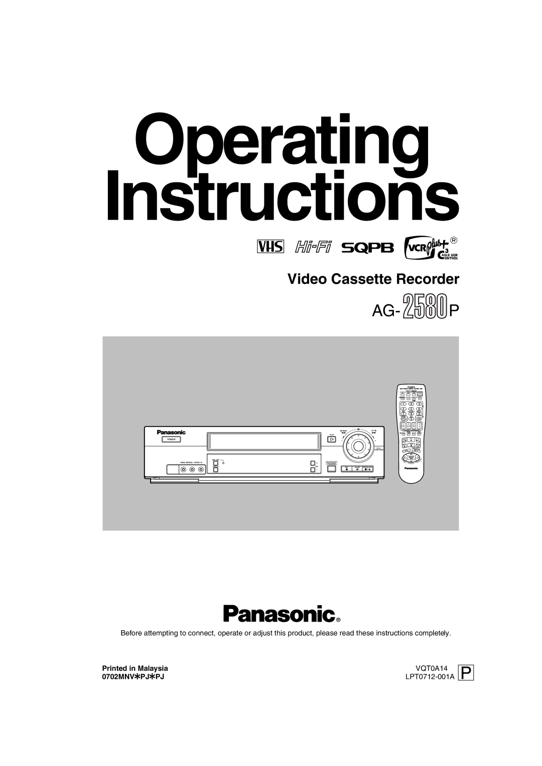 Panasonic AG-2580P manual Operating Instructions 