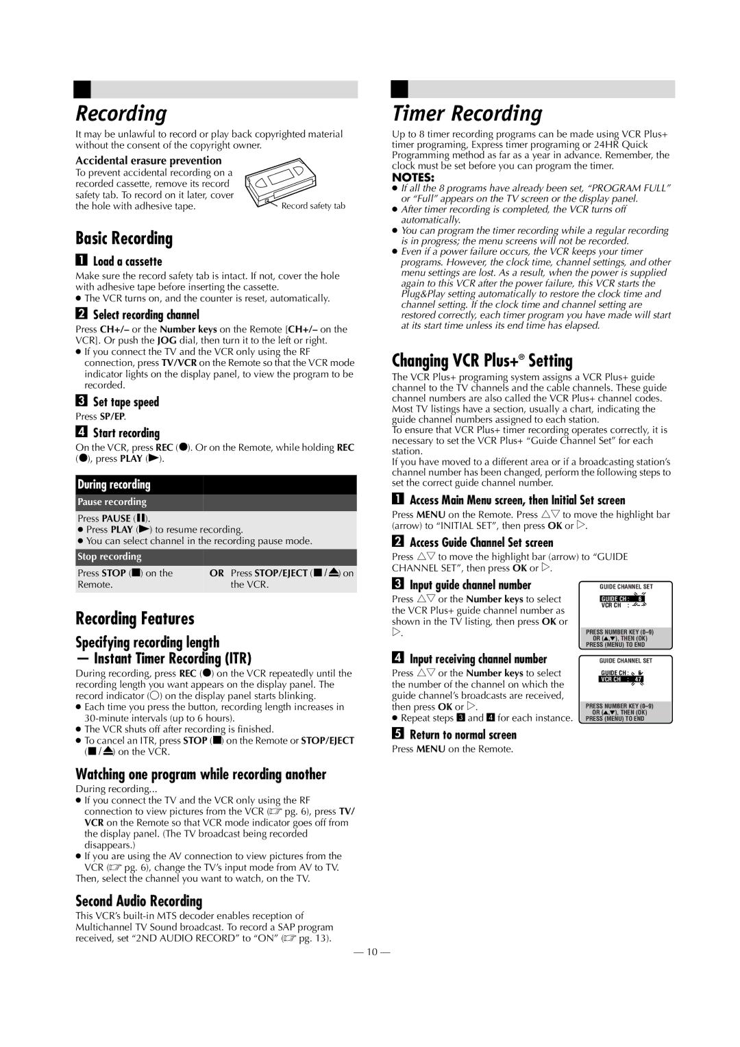 Panasonic AG-2580P manual Timer Recording, Basic Recording, Changing VCR Plus+ Setting, Recording Features 