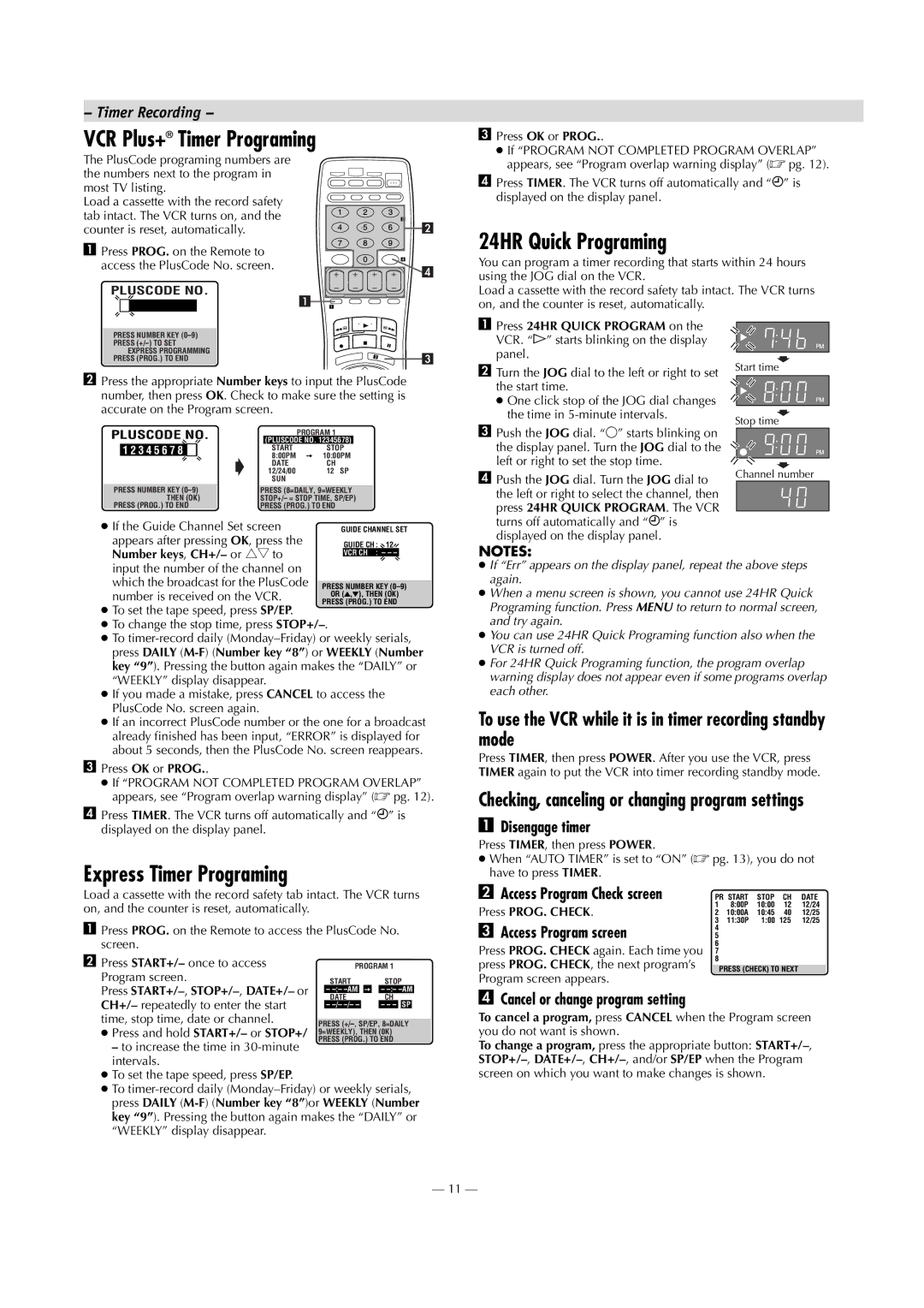 Panasonic AG-2580P manual VCR Plus+ Timer Programing, 24HR Quick Programing, Express Timer Programing 