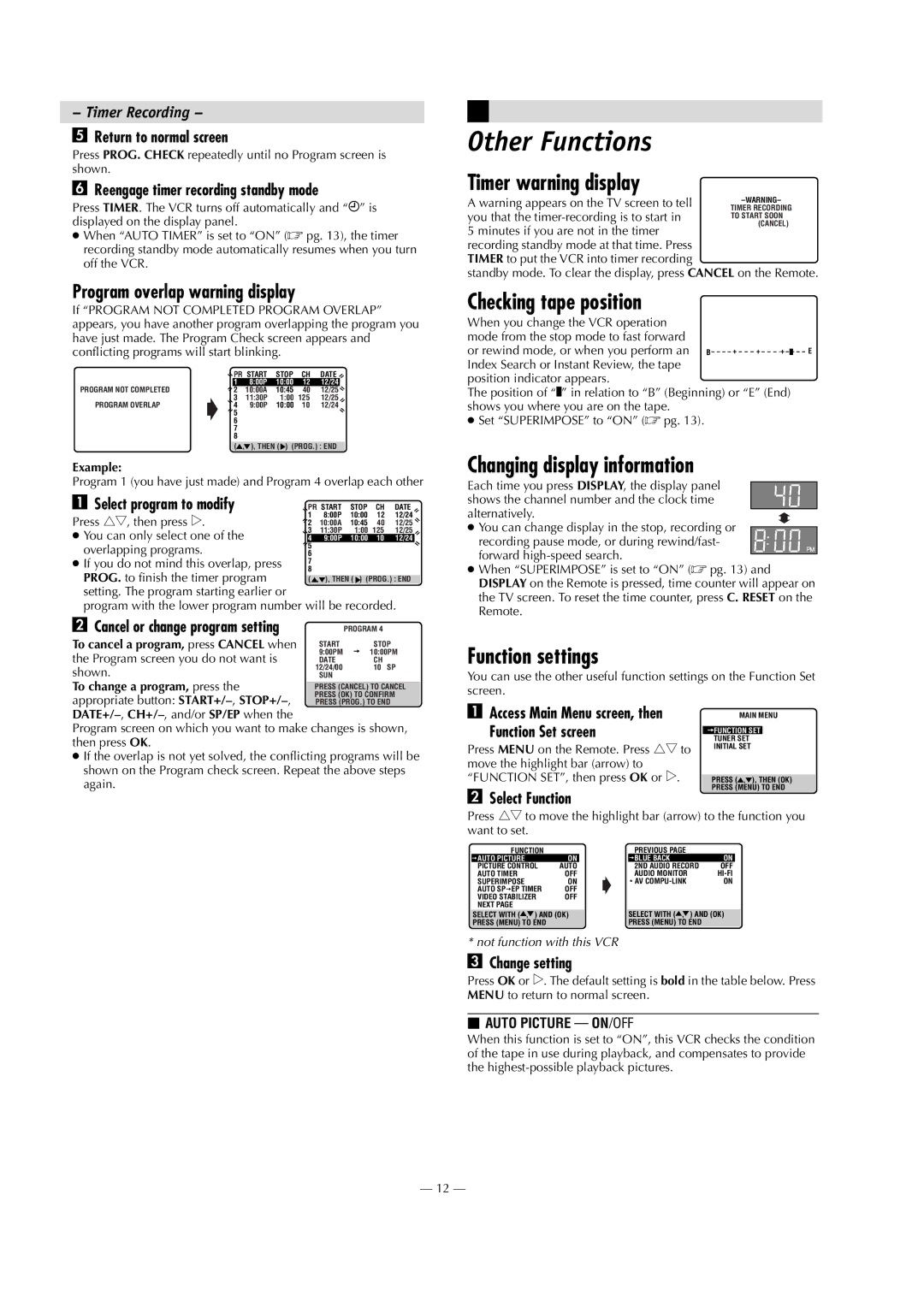 Panasonic AG-2580P manual Other Functions, Timer warning display, Checking tape position, Changing display information 