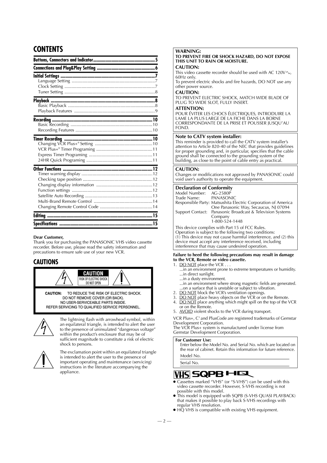 Panasonic AG-2580P manual Contents 