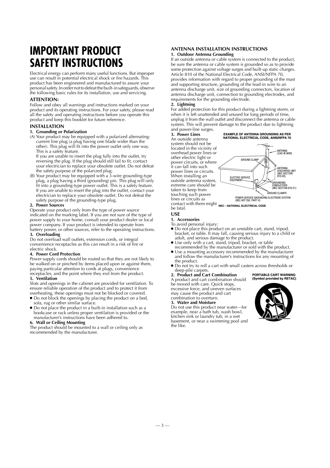 Panasonic AG-2580P Grounding or Polarization, Power Sources, Overloading, Power Cord Protection, Ventilation, Lightning 