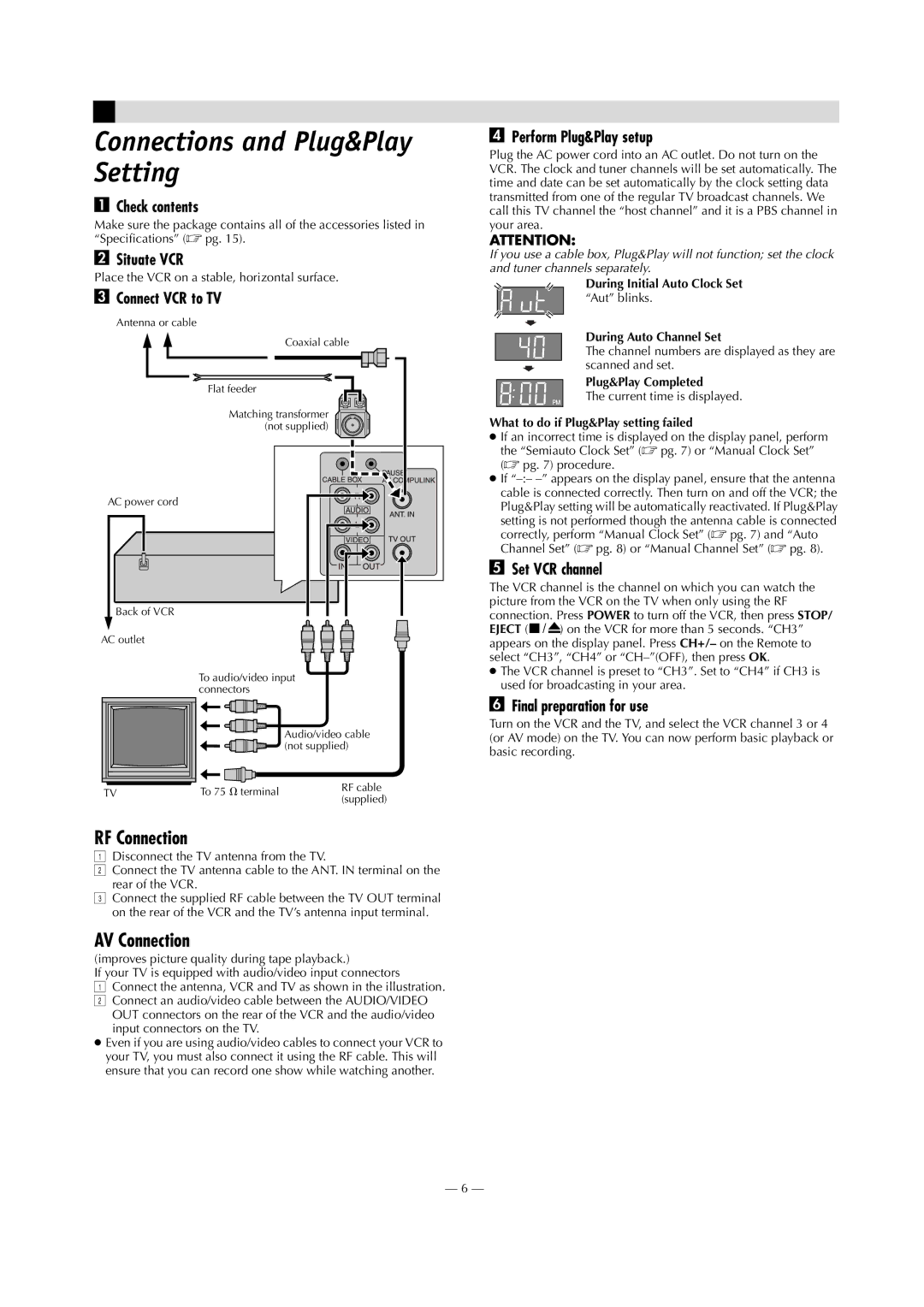 Panasonic AG-2580P manual Connections and Plug&Play Setting, RF Connection, AV Connection 