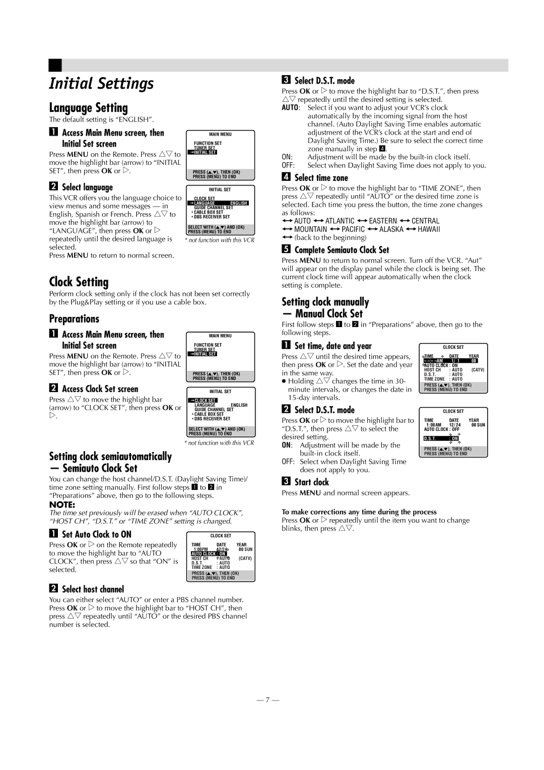 Panasonic AG-2580P manual Initial Settings, Language Setting, Clock Setting 