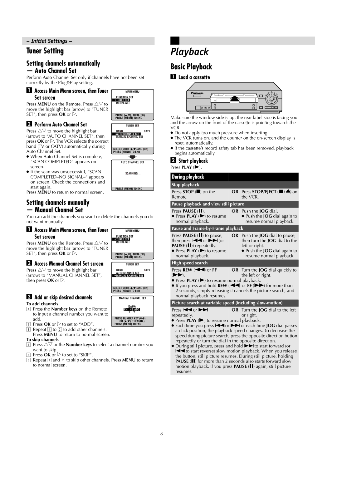 Panasonic AG-2580P manual Tuner Setting, Basic Playback, Setting channels automatically Auto Channel Set 