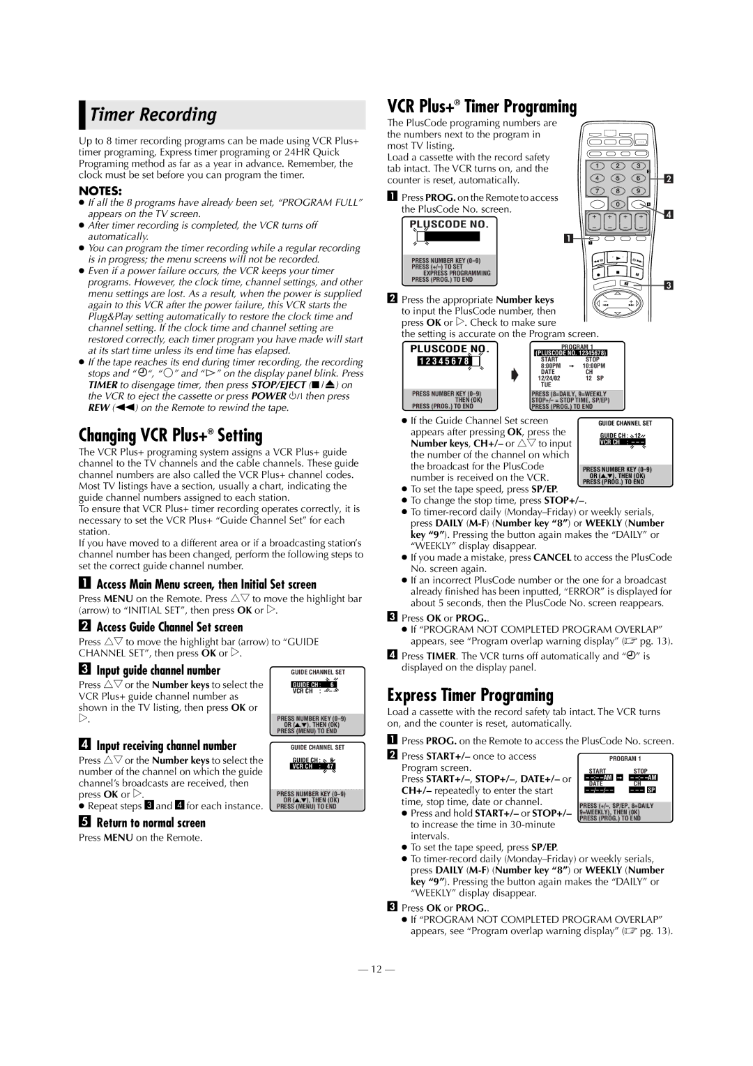 Panasonic AG-3200P manual Timer Recording, Changing VCR Plus+ Setting, VCR Plus+ Timer Programing, Express Timer Programing 