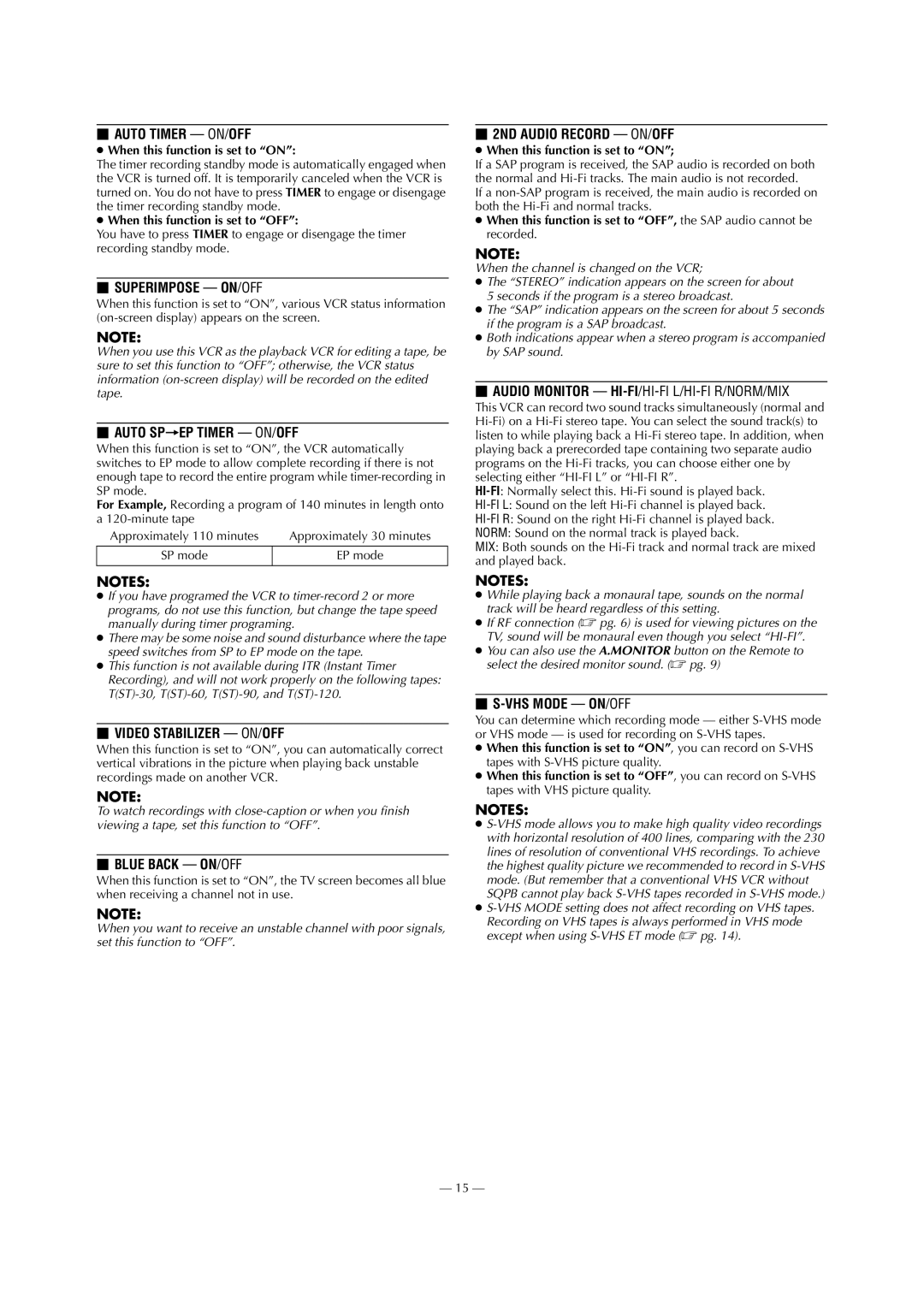 Panasonic AG-3200P manual When this function is set to on, When this function is set to OFF, EP mode 