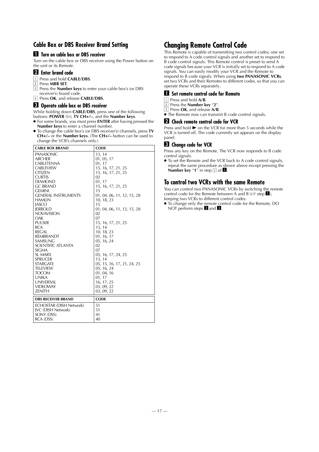 Panasonic AG-3200P manual Changing Remote Control Code, Cable Box or DBS Receiver Brand Setting 