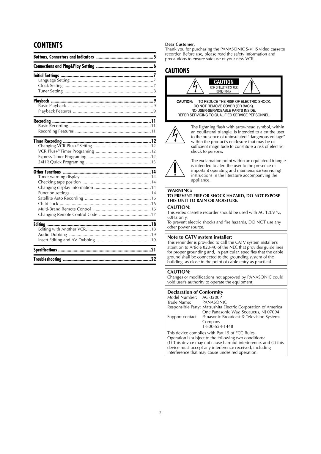 Panasonic AG-3200P manual Contents 