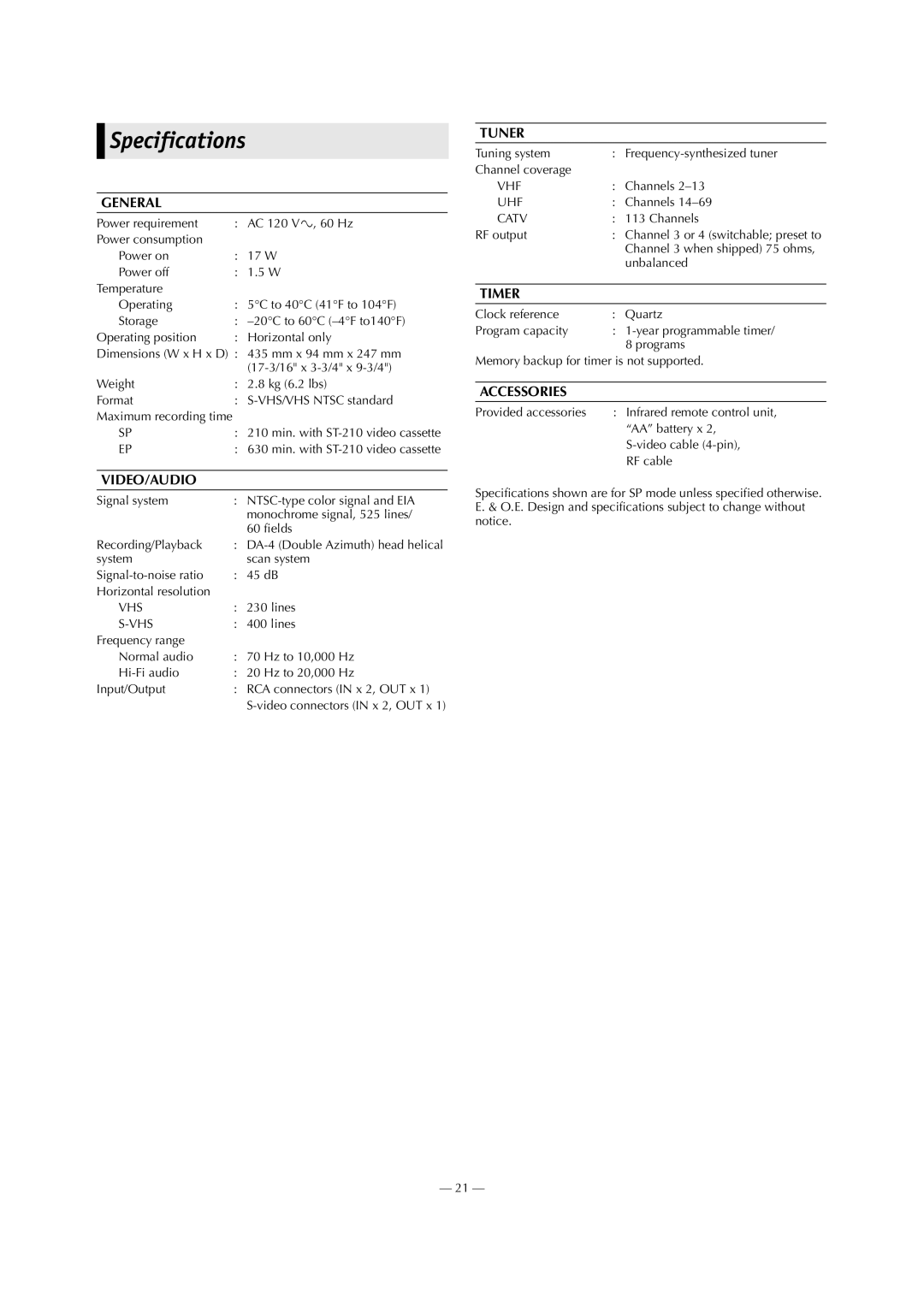 Panasonic AG-3200P manual Specifications 